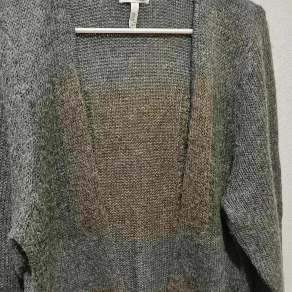 Halogen Wool and Mohair Cardigan Large Gray Green Gold Color Block Long Heavy - Picture 3 of 6